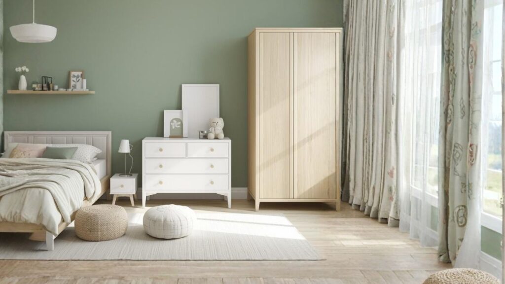 quarto infantil parede verde sage madeira natural