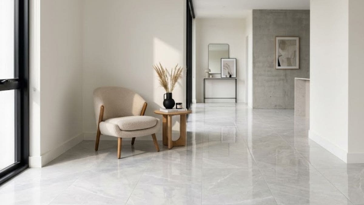 tipos de assentamento de piso porcelanato grande formato sala contemporânea luz natural