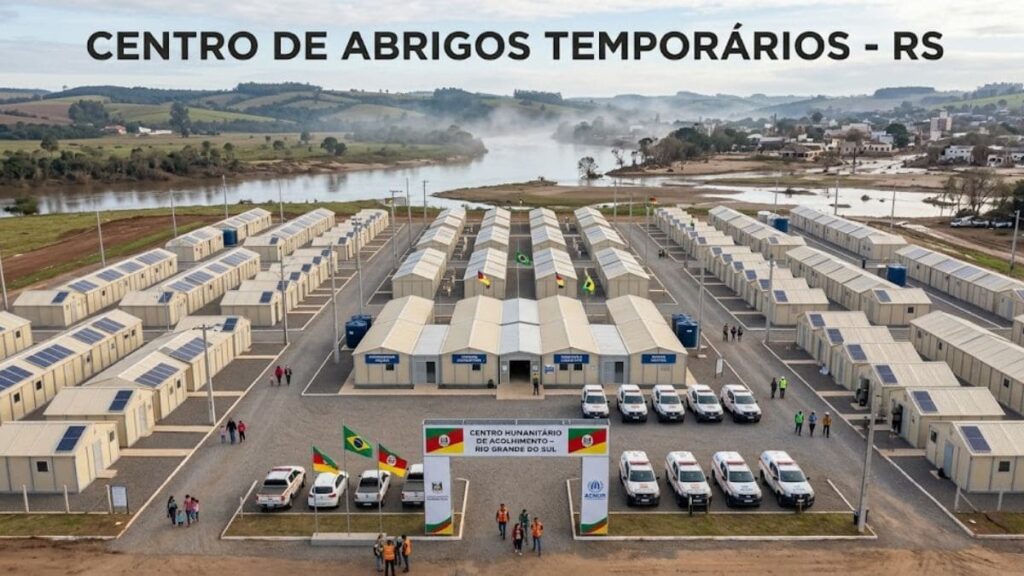 unidades habitacionais emergenciais Rio Grande do Sul enchentes 2024 módulos pré-fabricados