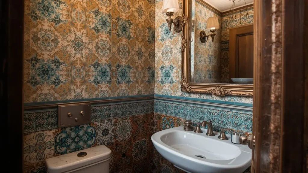 Decoração Maximalista: Guia Completo para Criar Ambientes com Personalidade, Cor e Camadas 6 Banheiro e Lavabo decoração maximalista — azulejos decorados e espelho com moldura trabalhada