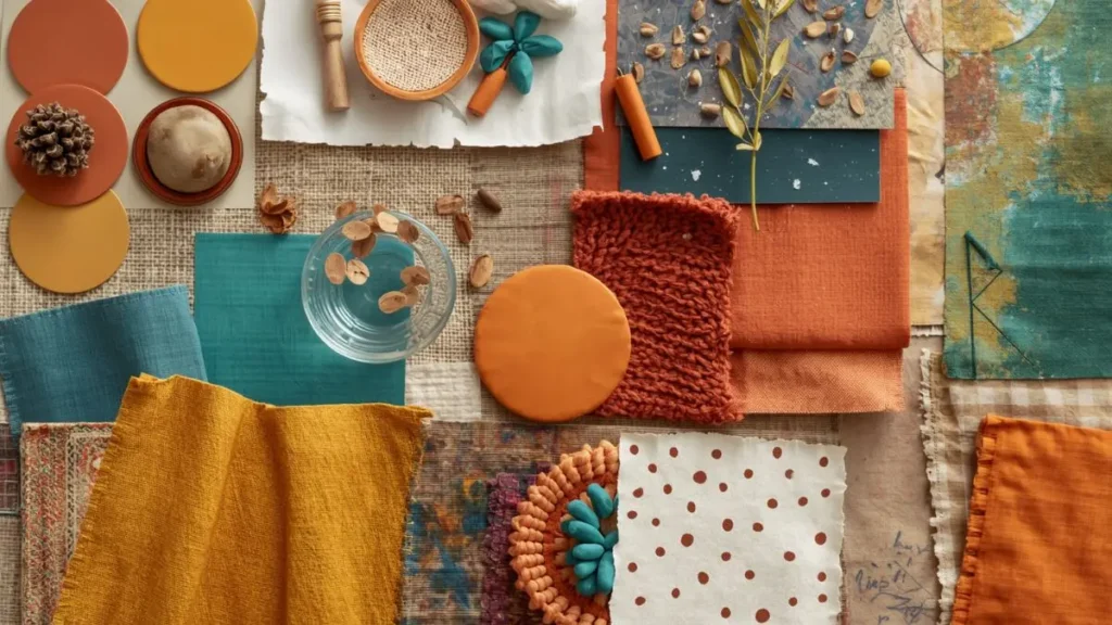 Decoração Maximalista: Guia Completo para Criar Ambientes com Personalidade, Cor e Camadas 7 Cores, Estampas e Texturas — moodboard com paleta terracota, turquesa e mostarda decoração maximalista