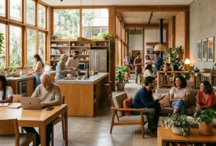 Espaço de co-living com cozinha coletiva e área de convivência, com moradores de diferentes idades em interação cotidiana