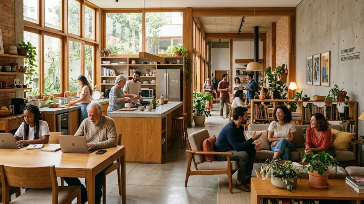 Espaço de co-living com cozinha coletiva e área de convivência, com moradores de diferentes idades em interação cotidiana