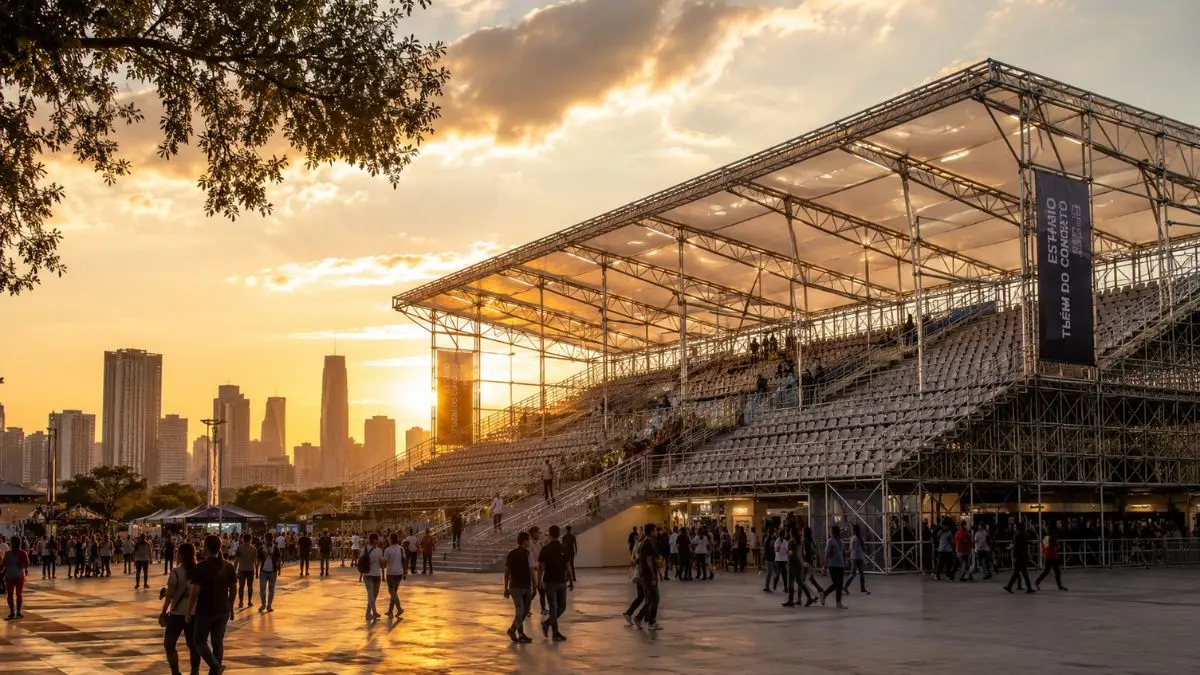 Estádio modular efêmero integrado ao skyline urbano ao entardecer