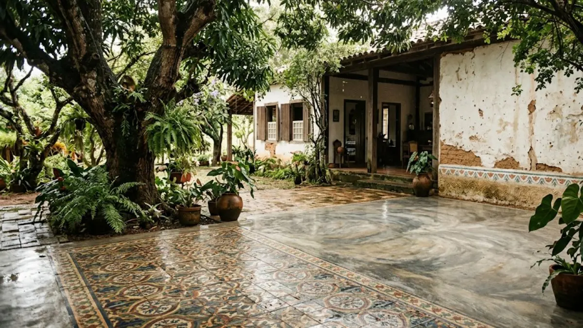 Ladrilho Hidráulico, Cimentício e Argamassa Decorativa em composição em casarão antigo arborizado