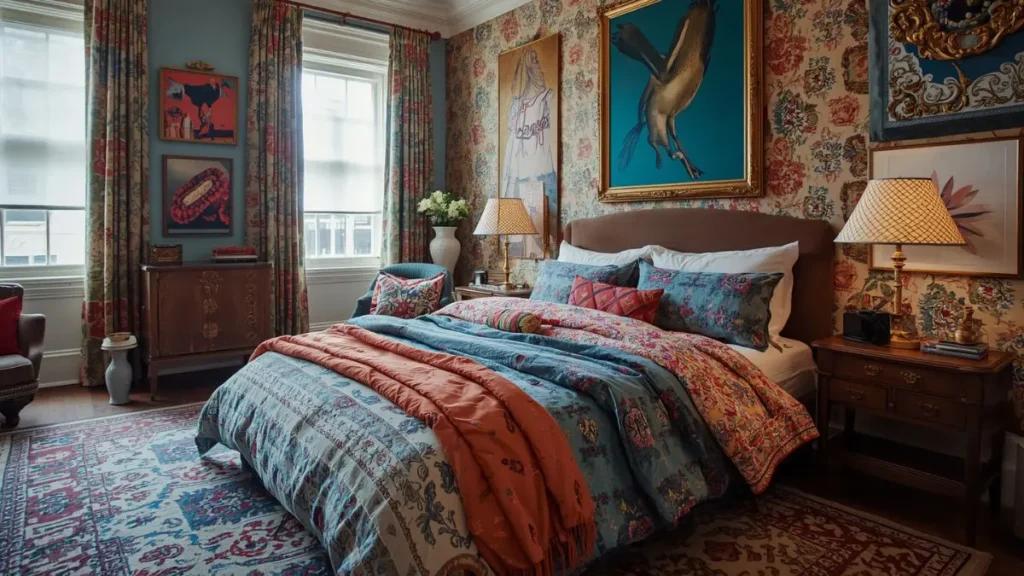 Decoração Maximalista: Guia Completo para Criar Ambientes com Personalidade, Cor e Camadas 5 Quarto — decoração maximalista roupa de cama em mix de estampas
