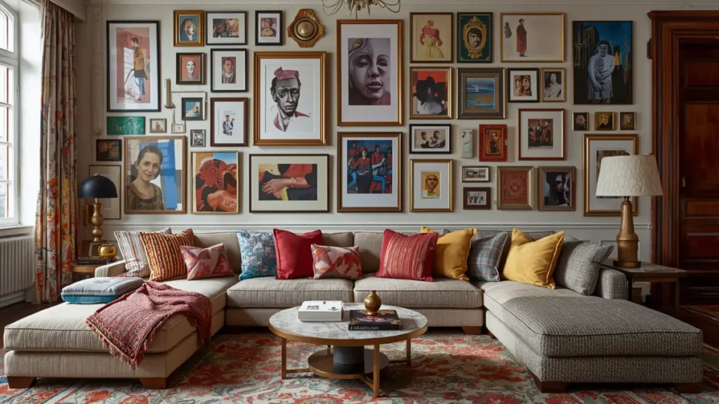 Decoração Maximalista: Guia Completo para Criar Ambientes com Personalidade, Cor e Camadas 4 Sala de Estar — decoração maximalista composição de sofá com almofadas e galeria de quadros