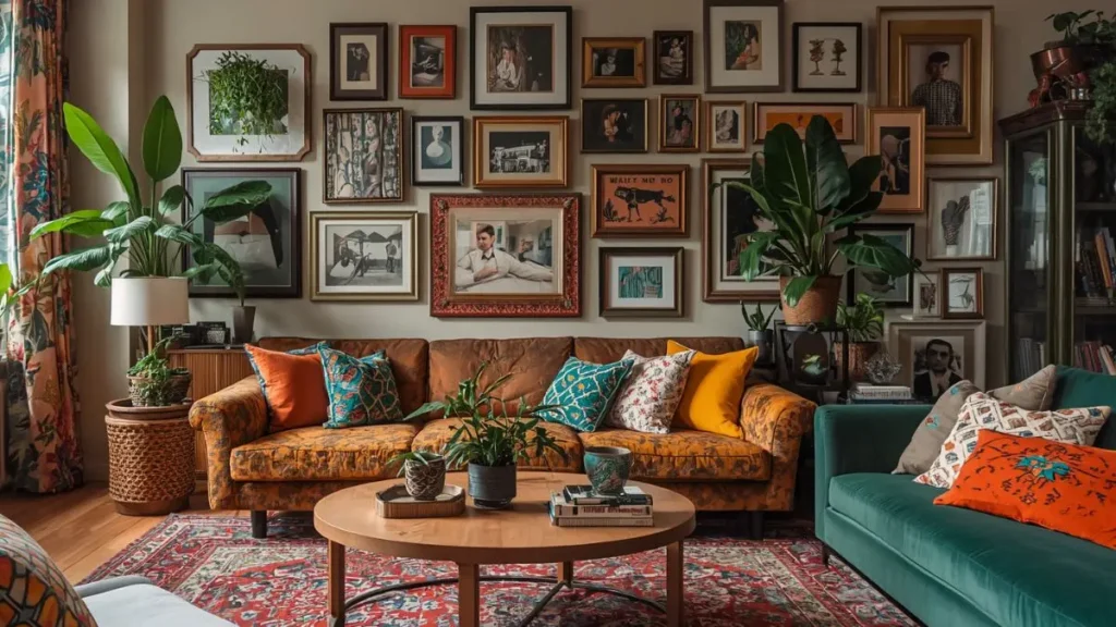 Sala decorada com maximalismo barato: almofadas estampadas, plantas em vasos coloridos e galeria de quadros na parede