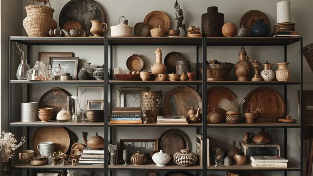 Decoração Maximalista: Guia Completo para Criar Ambientes com Personalidade, Cor e Camadas 8 Sustentabilidade na decoração maximalista — prateleira curada com objetos garimpados