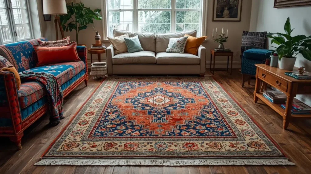 Tapete kilim estampado em tons de terracota e azul índigo ancorado sob sofá — exemplo de maximalismo barato com tapete de R$ 120