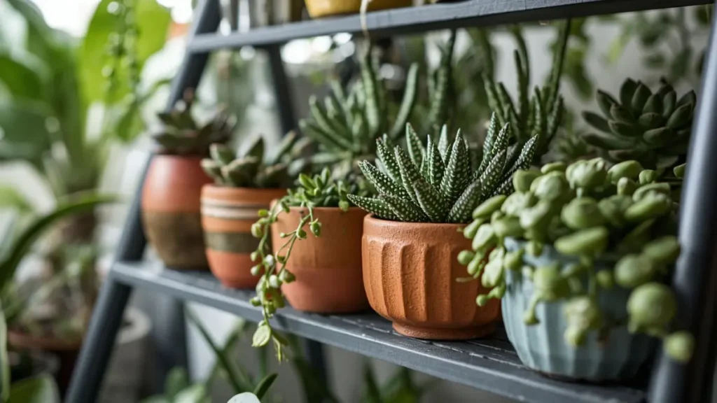 Vasos de cerâmica coloridos com suculentas e plantas em prateleira — decoração maximalista barata com verde acessível