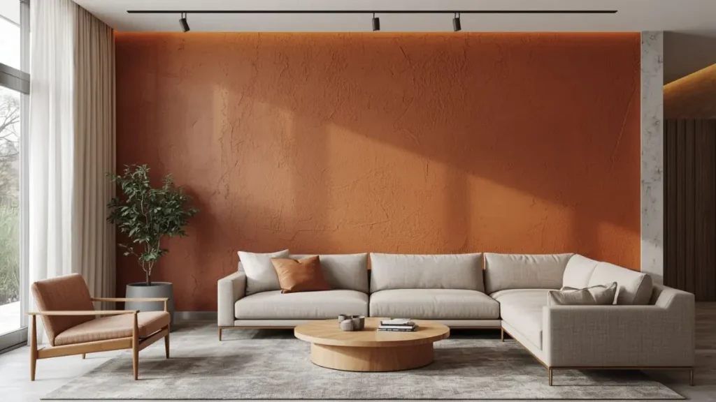 7 Tipos de Revestimentos Artesanais Cimentícios e Como Usar Cada Um 5 argamassa decorativa textura fina terracota sala de estar parede destaque