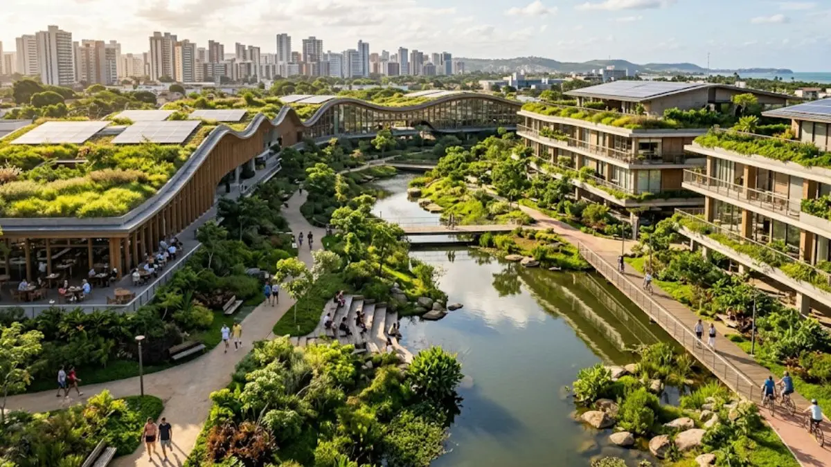Projeto de arquitetura regenerativa integrado à natureza em ambiente urbano contemporâneo.