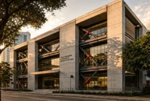 Fachada de edifício contemporâneo brasileiro com estrutura resistente a sismos integrada ao design