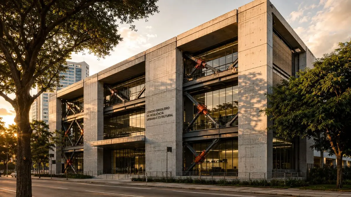 Fachada de edifício contemporâneo brasileiro com estrutura resistente a sismos integrada ao design
