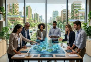Arquitetos e engenheiros utilizando tecnologia BIM durante capacitação tecnológica para projetos de construção sustentável.