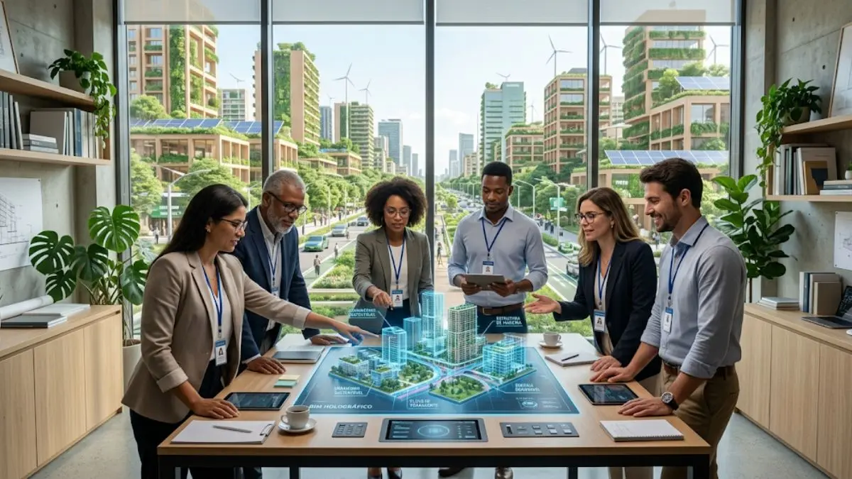 Arquitetos e engenheiros utilizando tecnologia BIM durante capacitação tecnológica para projetos de construção sustentável.