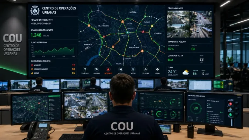 Mobilidade Sustentável: O Bilhão que Vai Redesenhar as Cidades Brasileiras 3 Centro de operações urbanas com monitoramento de mobilidade em tempo real em smart city
