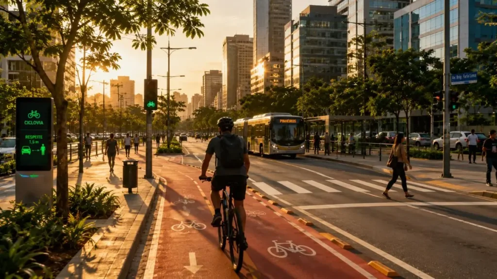 Mobilidade Sustentável: O Bilhão que Vai Redesenhar as Cidades Brasileiras 4 Ciclista em ciclovia urbana integrada como exemplo de mobilidade sustentável nas cidades