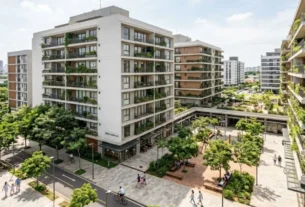 Conjunto habitacional do programa Minha Casa Minha Vida com arquitetura contemporânea e áreas verdes integradas