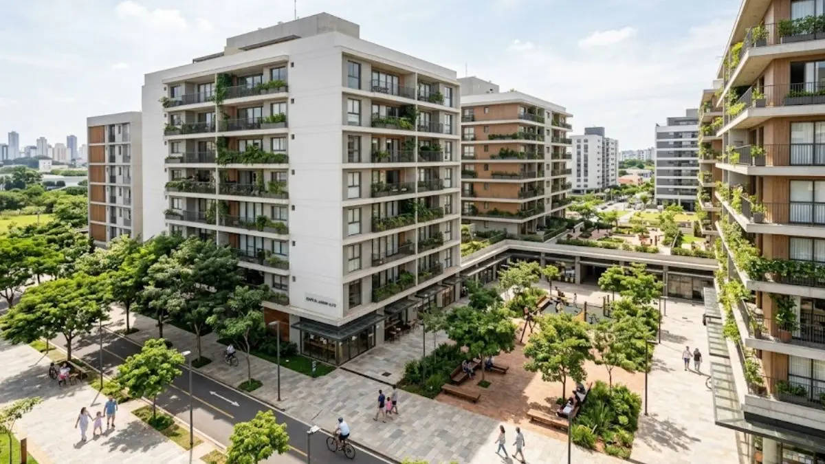 Conjunto habitacional do programa Minha Casa Minha Vida com arquitetura contemporânea e áreas verdes integradas