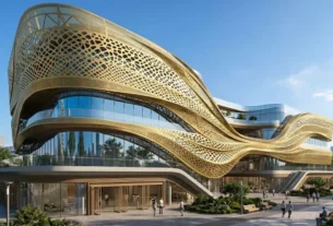 Fachada paramétrica com painéis geométricos modulares em estrutura metálica, exemplo de design paramétrico na arquitetura contemporânea Legenda: Fachadas paramétricas combinam geometria gerada por algoritmos com desempenho climático — uma das fronteiras mais dinâmicas da arquitetura atual.