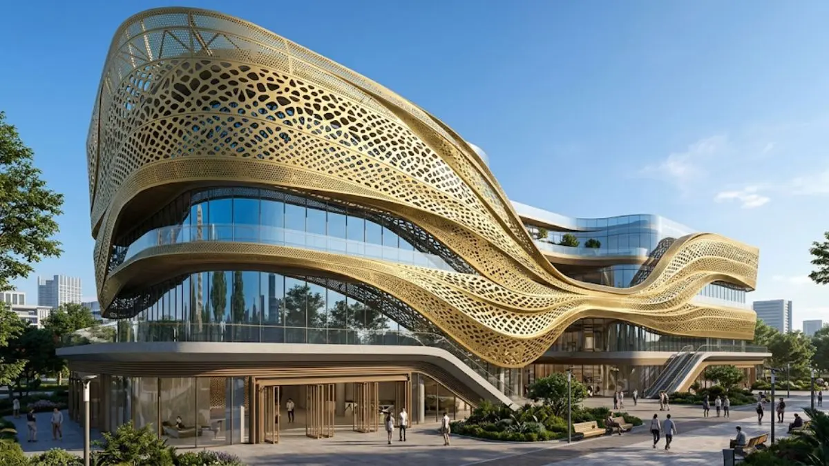 Fachada paramétrica com painéis geométricos modulares em estrutura metálica, exemplo de design paramétrico na arquitetura contemporânea Legenda: Fachadas paramétricas combinam geometria gerada por algoritmos com desempenho climático — uma das fronteiras mais dinâmicas da arquitetura atual.