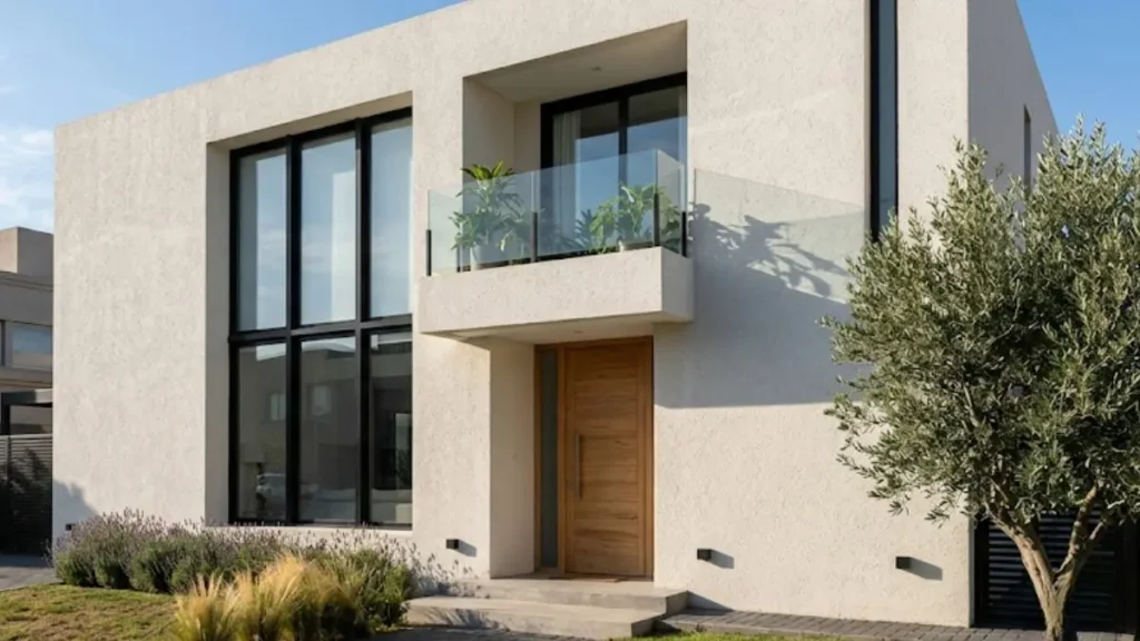 7 Tipos de Revestimentos Artesanais Cimentícios e Como Usar Cada Um 7 grafiato fino fachada residencial textura cimentícia off-white