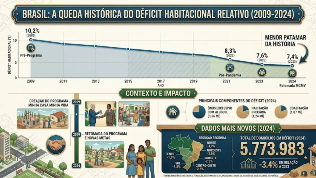 Gráfico mostrando a queda do déficit habitacional brasileiro de 2009 a 2024
