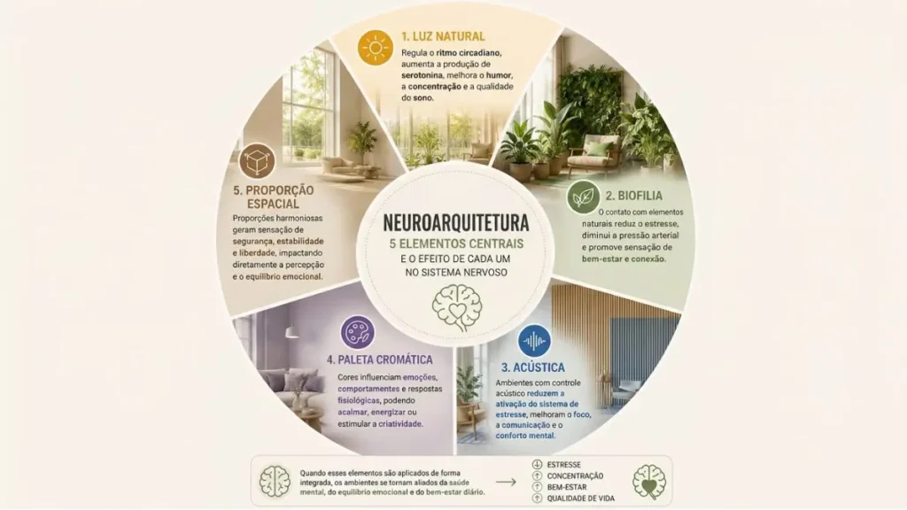 Neuroarquitetura: Como a Ciência do Cérebro Redesenha os Espaços que Habitamos 5 Infográfico com os cinco elementos centrais da neuroarquitetura e seus efeitos no cérebro, no bem-estar e na saúde emocional.