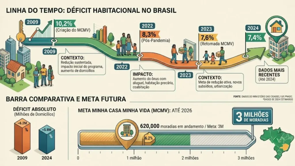 Infográfico com evolução do déficit habitacional brasileiro e metas do programa Minha Casa Minha Vida