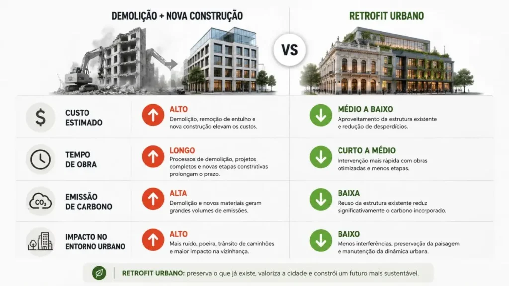 Retrofit Urbano: Como Prédios Antigos Estão Salvando as Cidades 4 Infográfico comparando retrofit urbano e nova construção em custo, tempo, emissão de carbono e impacto urbano.