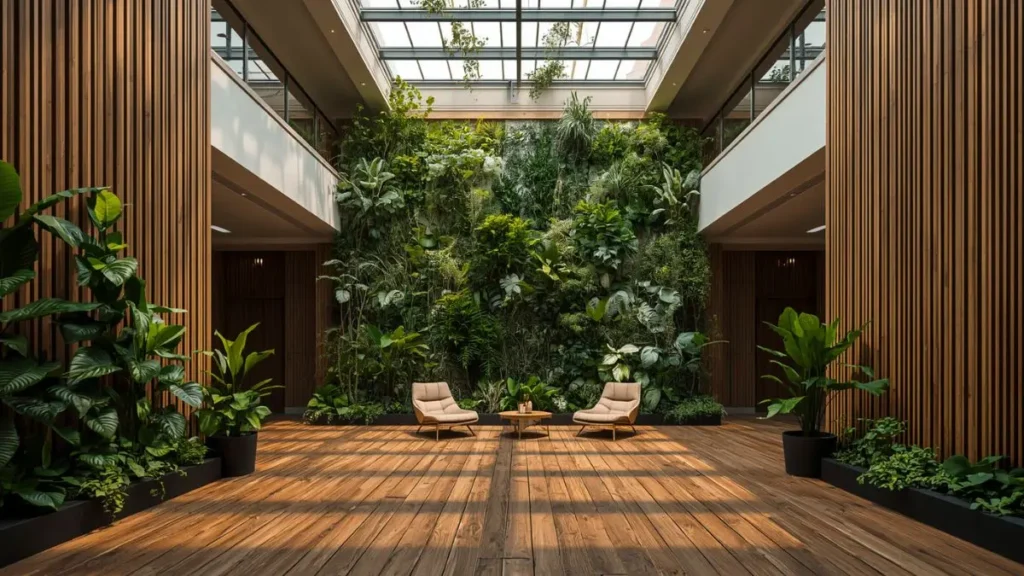 Neuroarquitetura: Como a Ciência do Cérebro Redesenha os Espaços que Habitamos 4 Interior contemporâneo com jardim vertical, iluminação natural e madeira aparente aplicando princípios de neuroarquitetura e design biofílico.