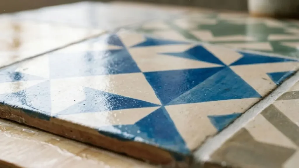 7 Tipos de Revestimentos Artesanais Cimentícios e Como Usar Cada Um 3 ladrilho hidráulico geométrico azul bege assentado selado