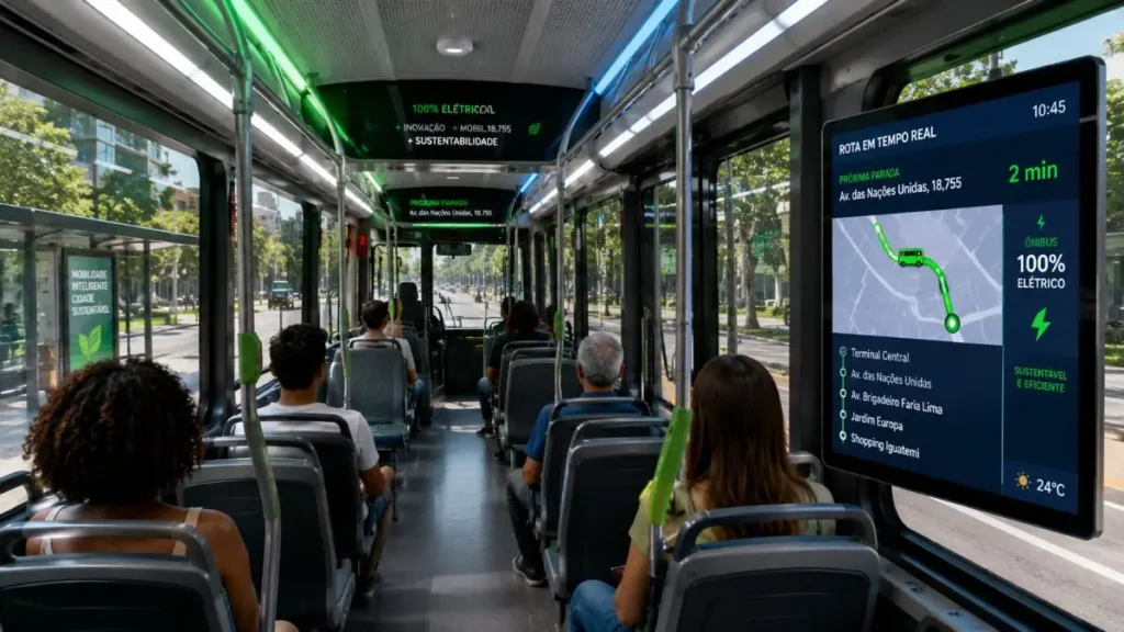 Mobilidade Sustentável: O Bilhão que Vai Redesenhar as Cidades Brasileiras 2 Interior de ônibus elétrico com sistema de informação em tempo real em cidade inteligente