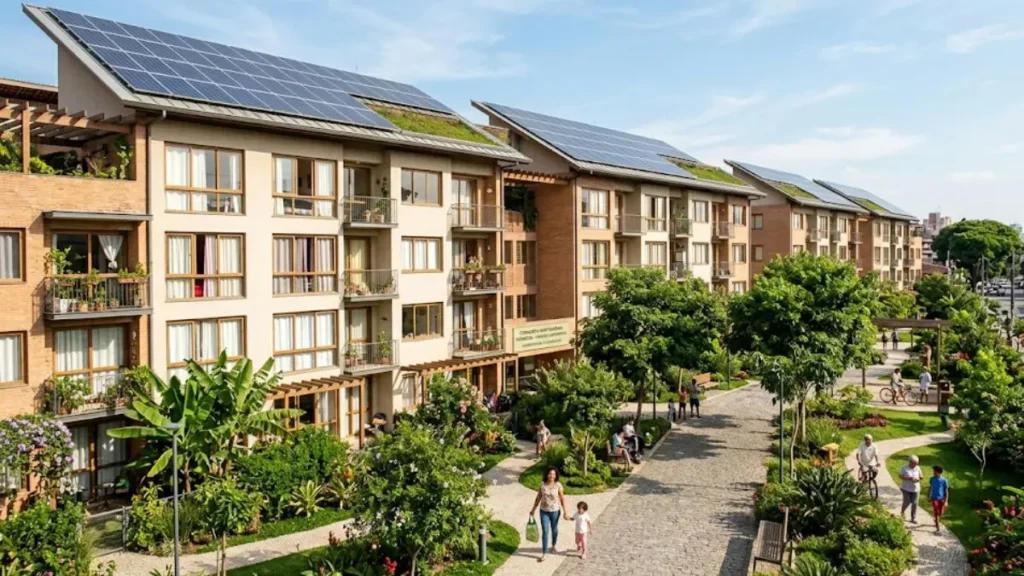 Residencial do MCMV com painéis solares e estratégias sustentáveis de arquitetura