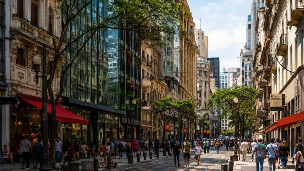 Retrofit Urbano: Como Prédios Antigos Estão Salvando as Cidades 3 Rua de centro histórico brasileiro revitalizada por projetos de retrofit urbano com fachadas preservadas e novo uso dos edifícios.