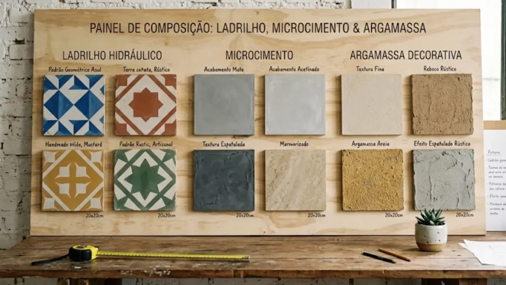 7 Tipos de Revestimentos Artesanais Cimentícios e Como Usar Cada Um 2 revestimentos artesanais cimentícios amostras comparação ladrilho hidráulico microcimento argamassa