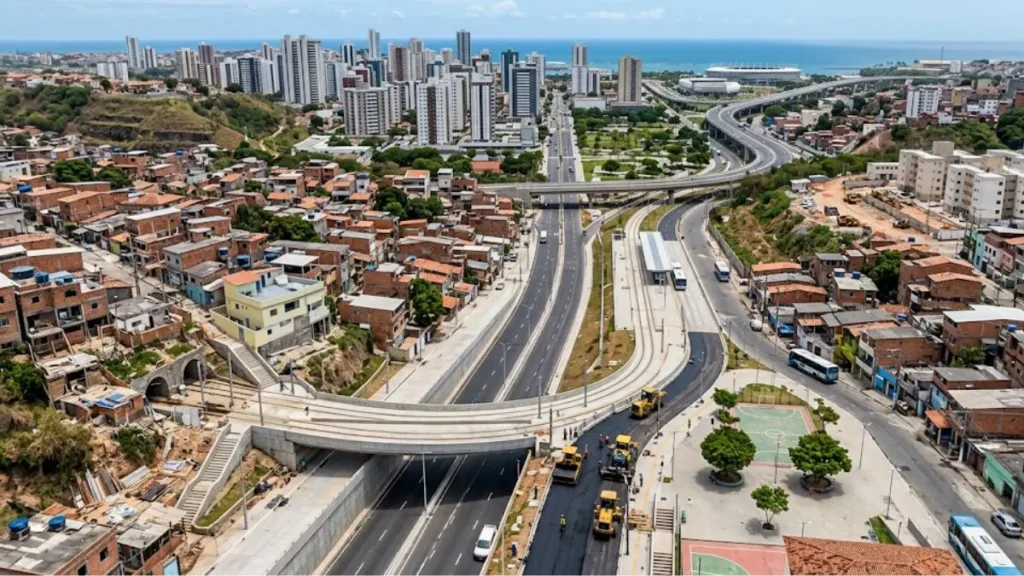 Vista urbana de cidade brasileira com habitação social e processo de urbanização em andamento