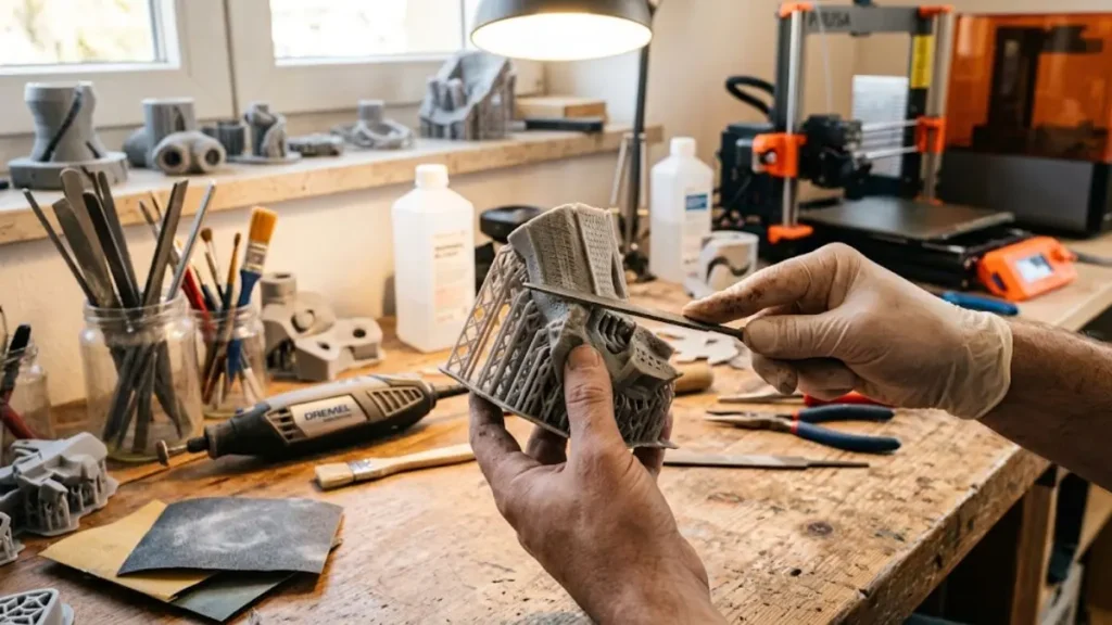 Acabamento manual de uma peça impressa em 3D, com lixamento e remoção de suportes feitos à mão