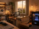 Ambiente doméstico dividido em sala, home office, oficina e ateliê, cada canto com um gadget tecnológico de 2026 em uso