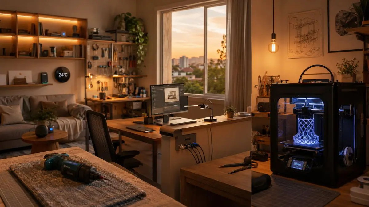 Ambiente doméstico dividido em sala, home office, oficina e ateliê, cada canto com um gadget tecnológico de 2026 em uso