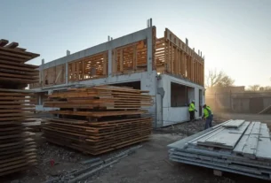Materiais de construção sendo desmontados e organizados para reaproveitamento em obra de arquitetura circular