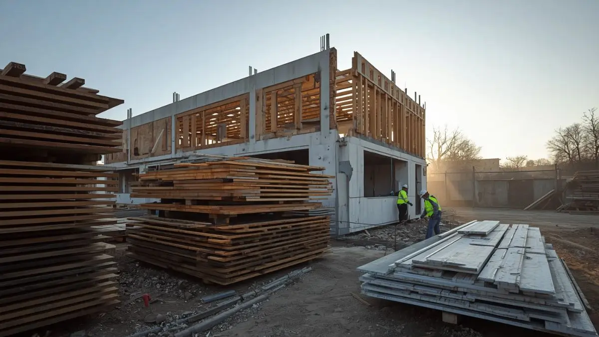 Arquitetura circular: como o ciclo de vida dos materiais muda o projeto 1 Materiais de construção sendo desmontados e organizados para reaproveitamento em obra de arquitetura circular