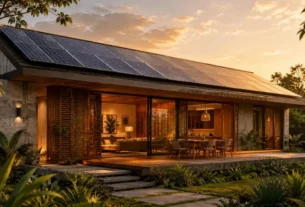 Casa contemporânea brasileira com telhado integrado a painéis solares fotovoltaicos ao entardecer