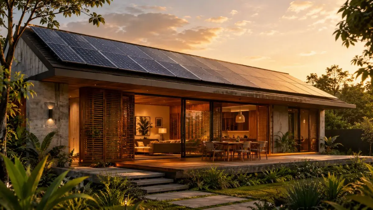 Casa contemporânea brasileira com telhado integrado a painéis solares fotovoltaicos ao entardecer