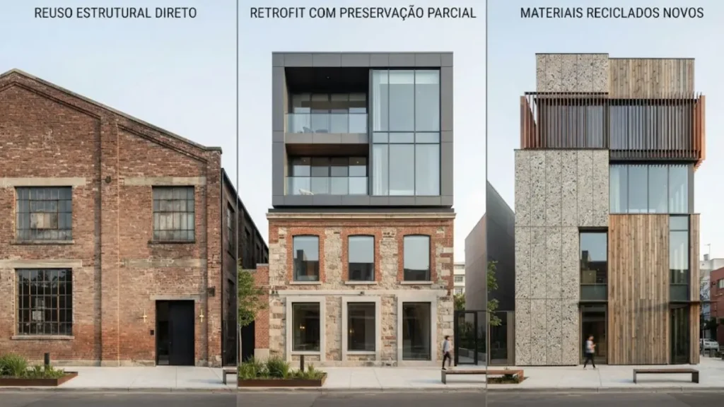 Arquitetura circular: como o ciclo de vida dos materiais muda o projeto 6 Comparação visual entre três estratégias de arquitetura circular aplicadas à fachada de edifícios