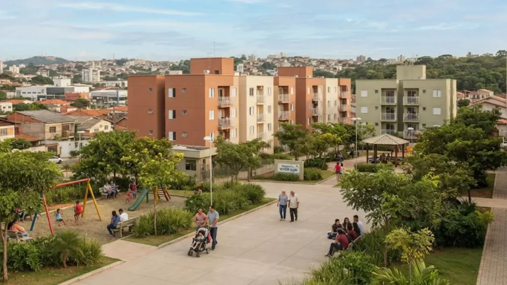 Minha Casa Minha Vida 2026: guia completo para se inscrever 6 Conjunto habitacional do programa Minha Casa Minha Vida com áreas verdes e espaço para convivência
