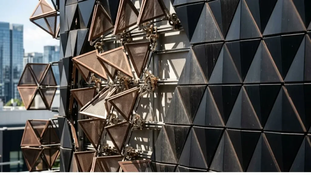 Brise-soleil: como o controle solar redesenha fachadas eficientes 4 Detalhe de painel de fachada cinética de brise-soleil parcialmente aberto sob luz solar