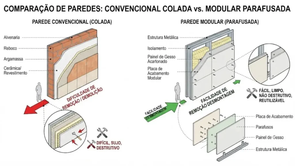 Arquitetura circular: como o ciclo de vida dos materiais muda o projeto 3 Diagrama comparando conexão convencional colada e conexão parafusada reversível em parede modular